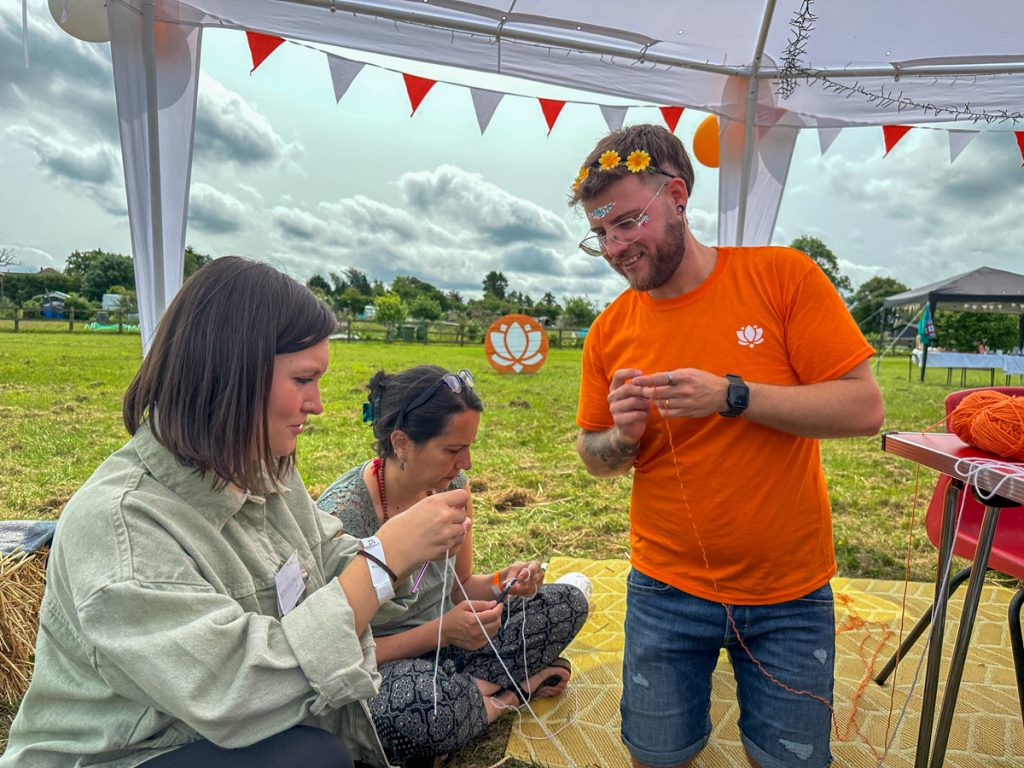 Crochet workshop under the marquee